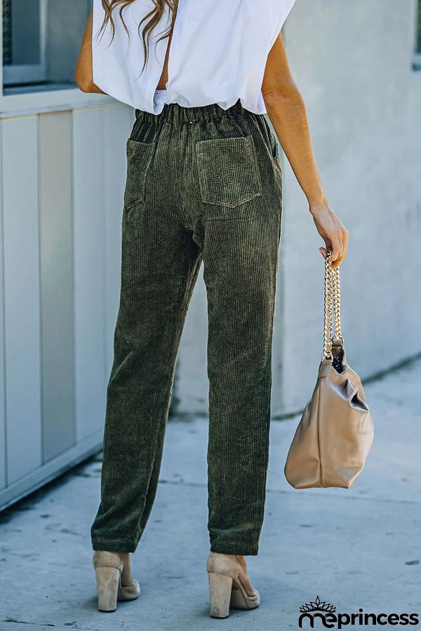 Pocketed Elastic Waistband Corduroy Pants