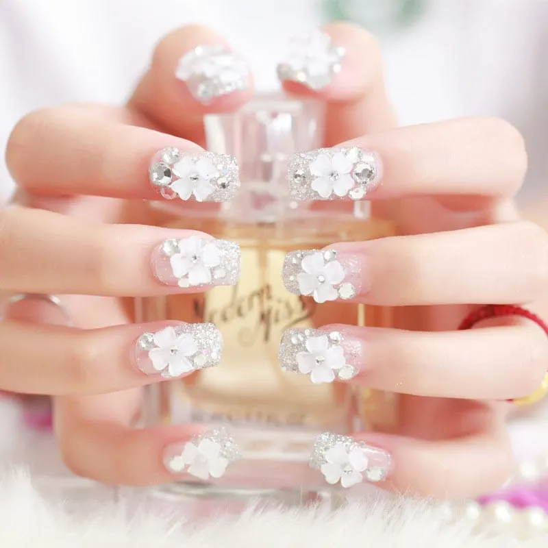 Free shipping items 24pcs fake nails Adhesive glue Nude crystal pearl decoration Carving Flowers finger Nail tips For Wedding-Nail Inspo