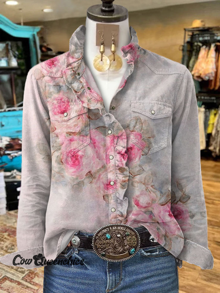 Women’s Flower Print Casual Long Sleeve Comfortable Cotton Shirt Multicolor / S