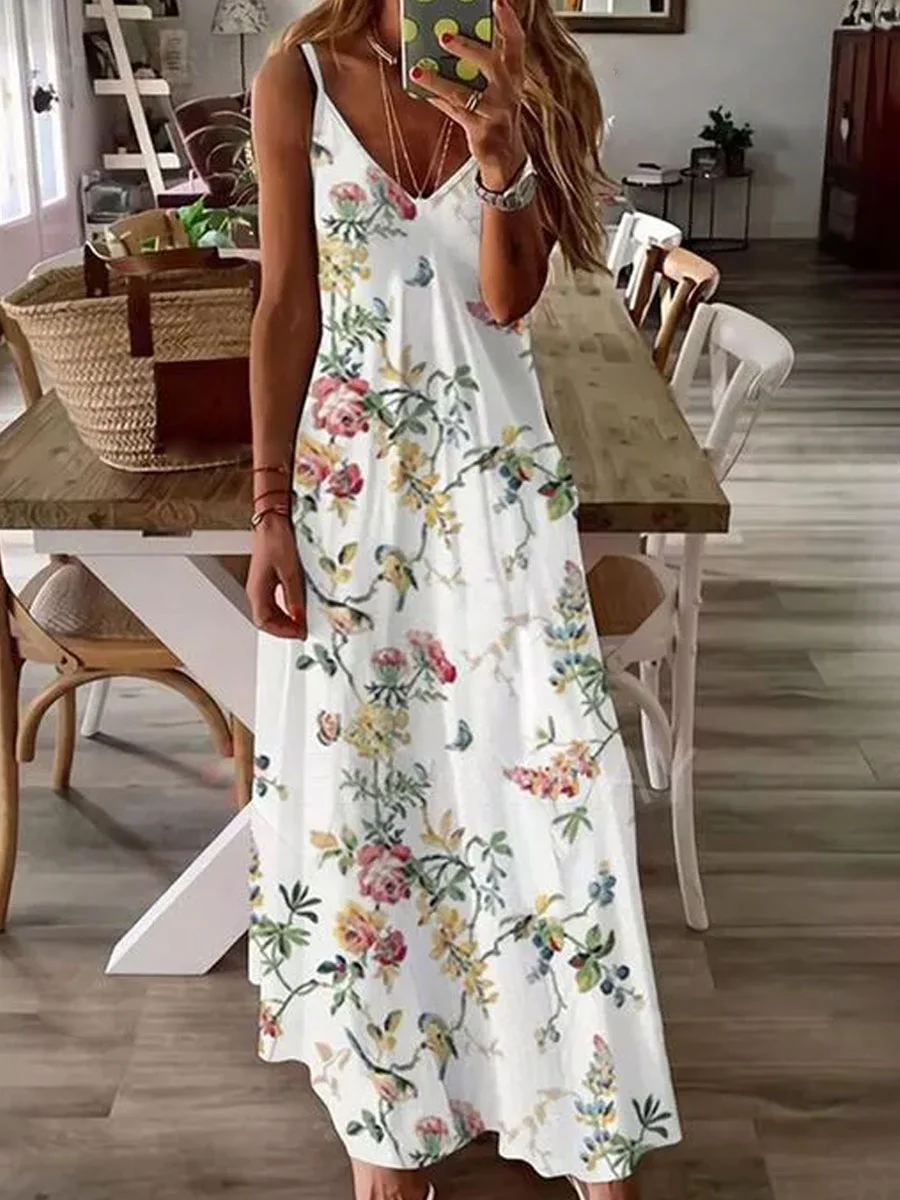 V-neck Floral Print Loose Sleeveless Maxi Dress