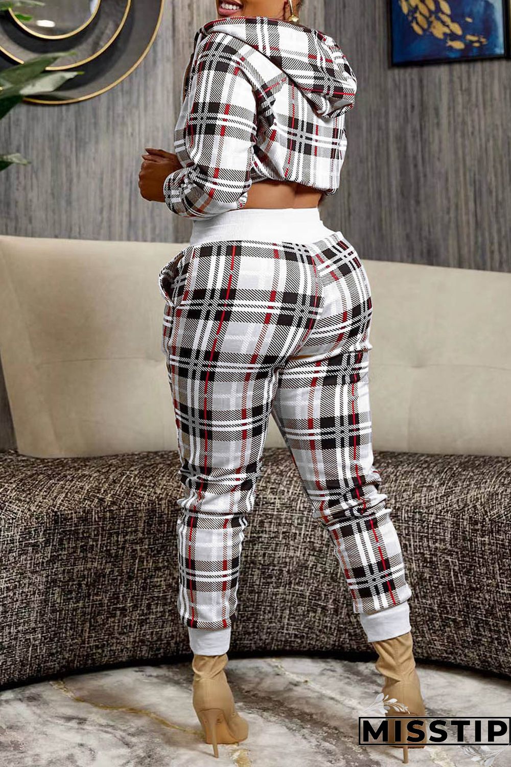 Pink Casual Plaid Print Patchwork Hooded Collar Long Sleeve Two Pieces