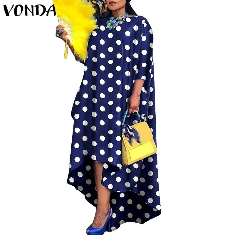 Women Vintage Polka Dot Midi Dress 2022 VONDA Sexy 3/4 Sleeve Party Dresses Behemian Asymmetric Hem Party Vestido Oversized Robe