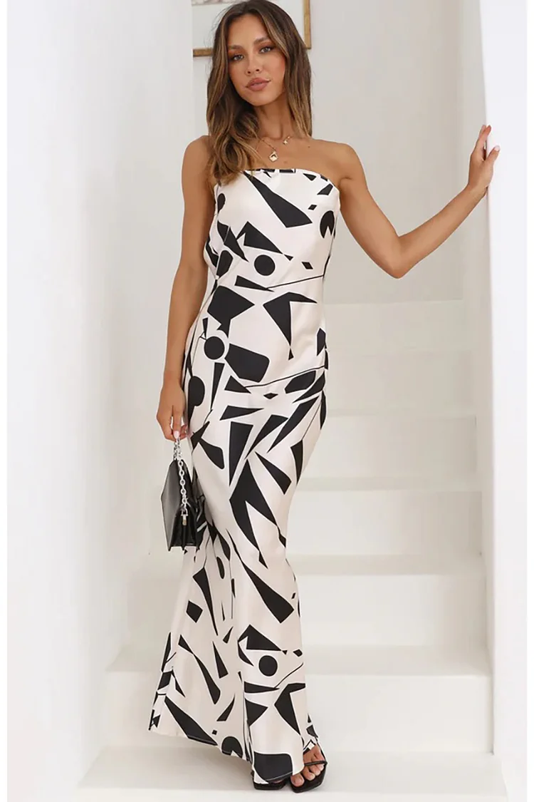 Tube Fishtail Cut Out Print Formal Party Maxi Dress