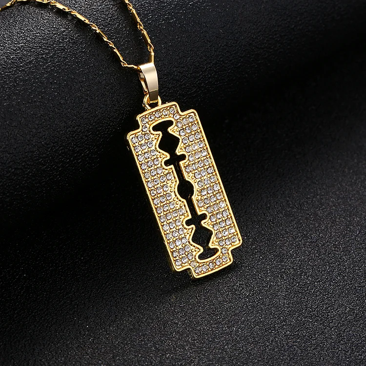 Iced Out Rhinestone Razor Blade Pendant Necklace