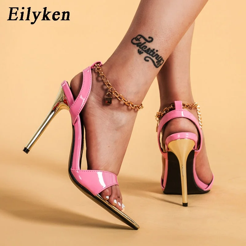 Eilyken 2022 Summer New Chain Ankle Strap Sandals Women Sexy Open Toe Thin High Heels Sandals Female Buckle Strap Wedding Shoes