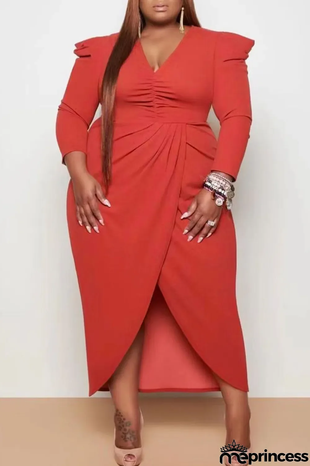 Rose Red Casual Solid Patchwork Fold Asymmetrical V Neck Princess Plus Size Dresses