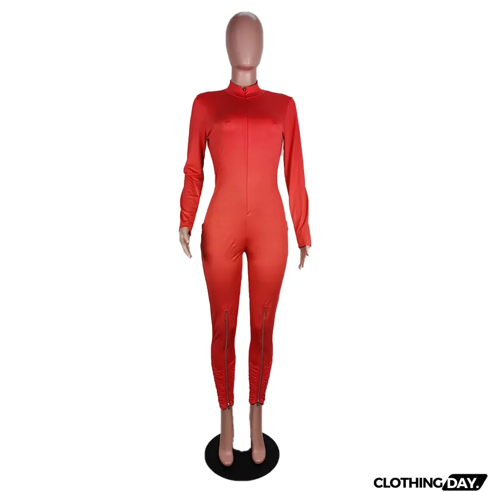 Autumn Sexy Zippers Slit Long Sleeve Bodycon Jumpsuit