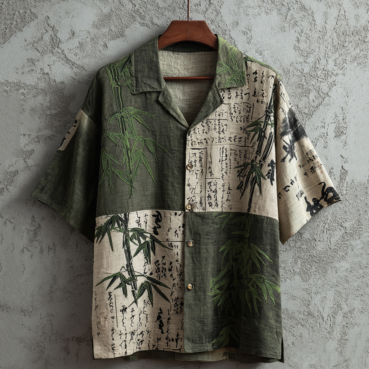 Comstylish Men's Retro Calligraphy Bamboo Patchwork Art Print Short Sleeve Shirt