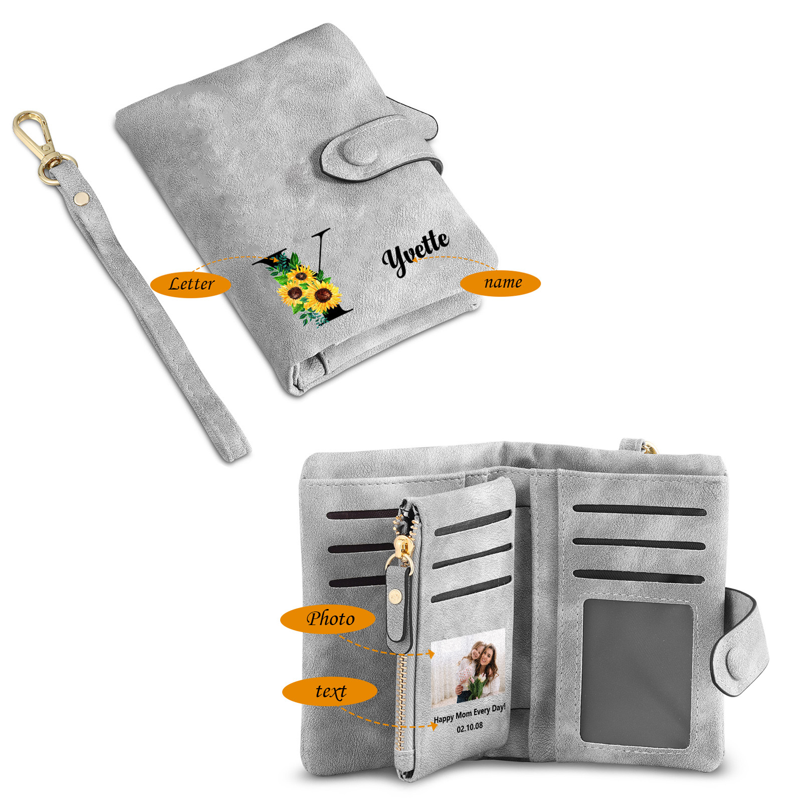 Jessemade IT Portafoglio in PU pelle girasole con 1 letetra & 1 testo & 1 nome & 1 foto personalizzati per mamma/nonna