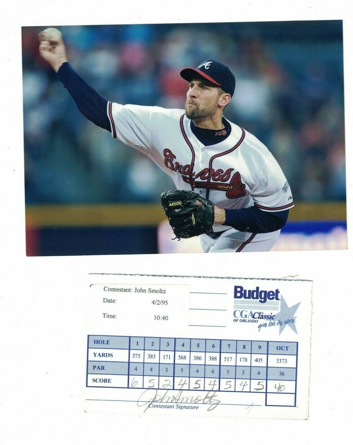 John Smoltz Atlanta Braves Signed Golf Score Card W/Photo Poster painting W/Our COA