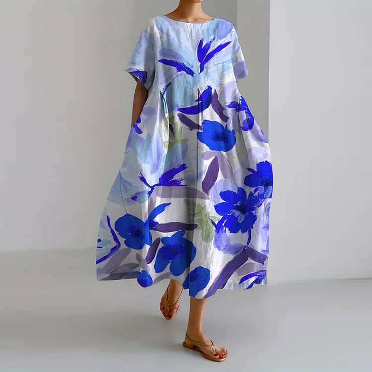 VChics Floral Print Round Neck Short Sleeve Casual Midi Dress