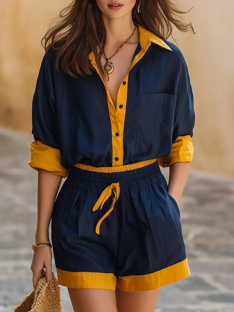 Capri Vibe Navy Yellow Contrast Trim Collared Shirt And Drawstring Waist Short Two Piece Set