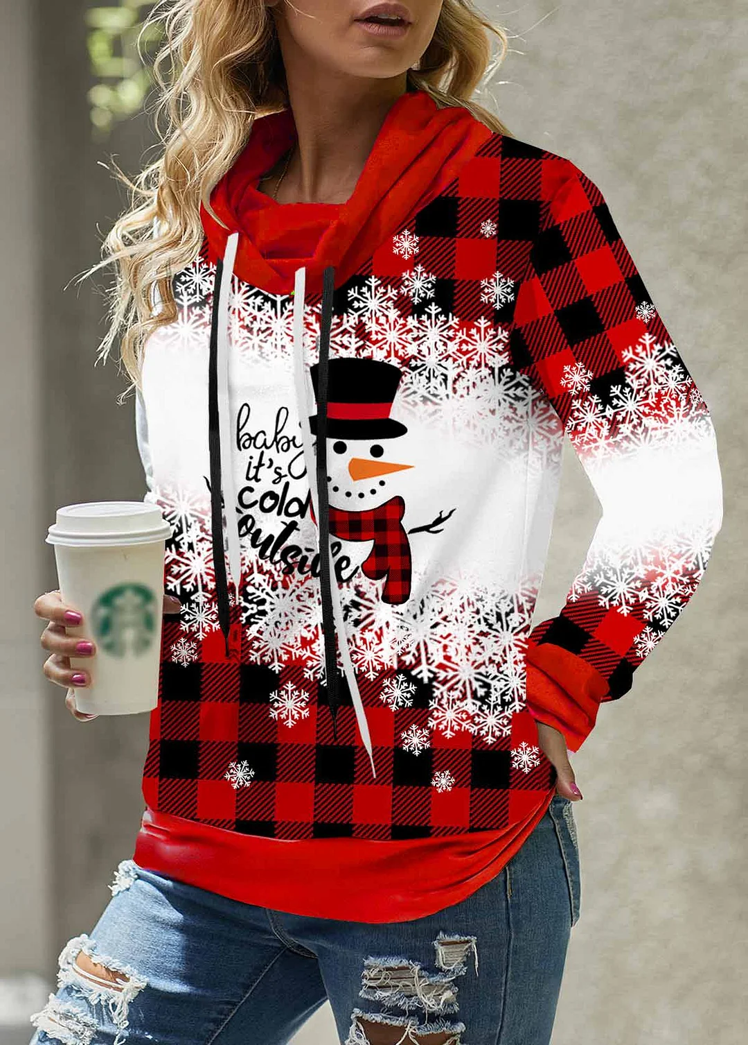 Women Christmas Snowman Print Drawstring Sweatshirt