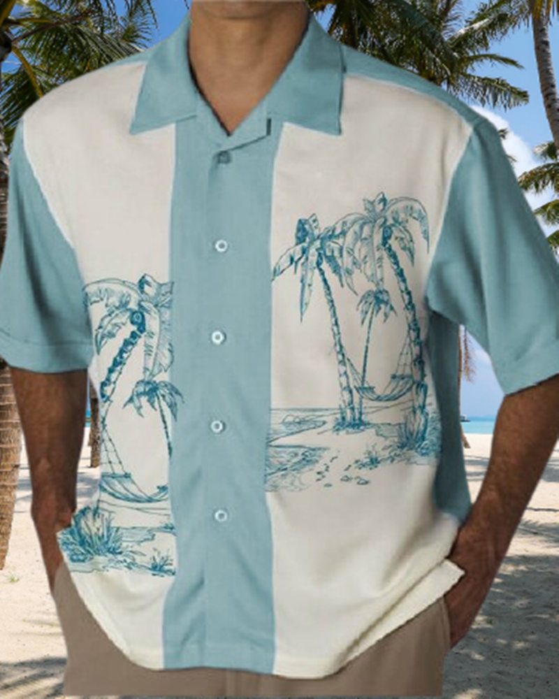 Tropical Beach Vector Print Sky Blue Shirt