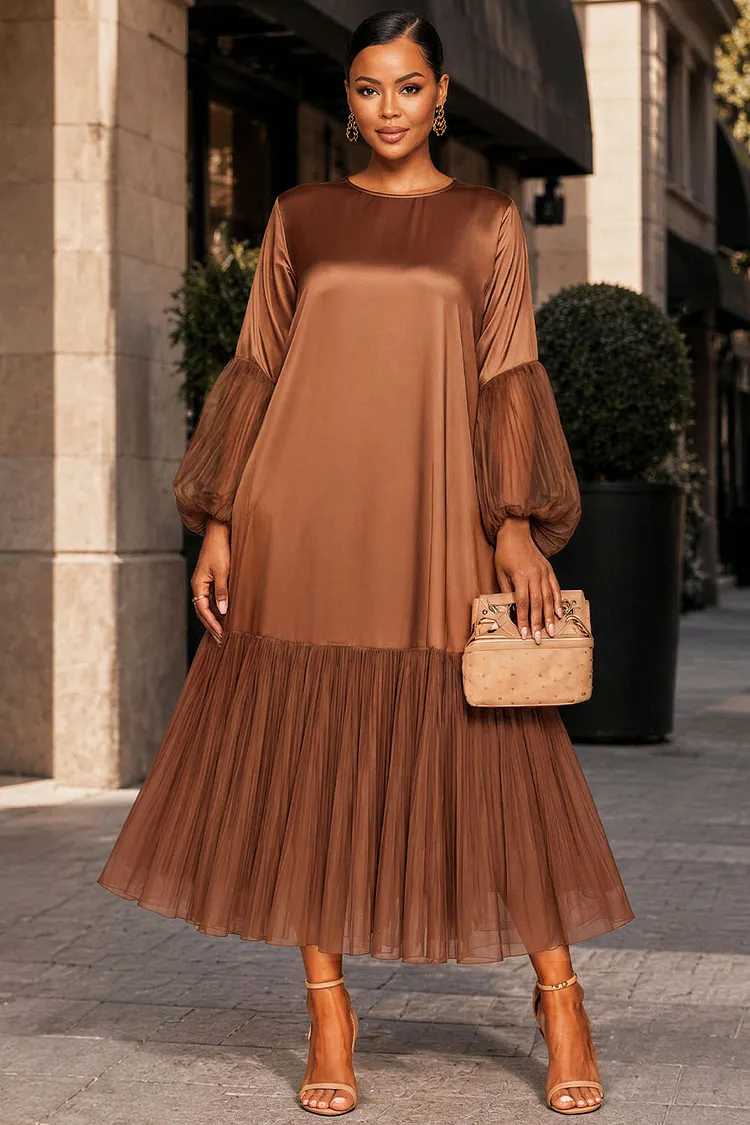 Xpluswear Design Plus Size Business Casual Chiffon Brown Round Neck Lantern Sleeve Long Sleeve Pleated Contrast Satin Maxi Dresses [Pre-Order] 2024 - Xpluswear