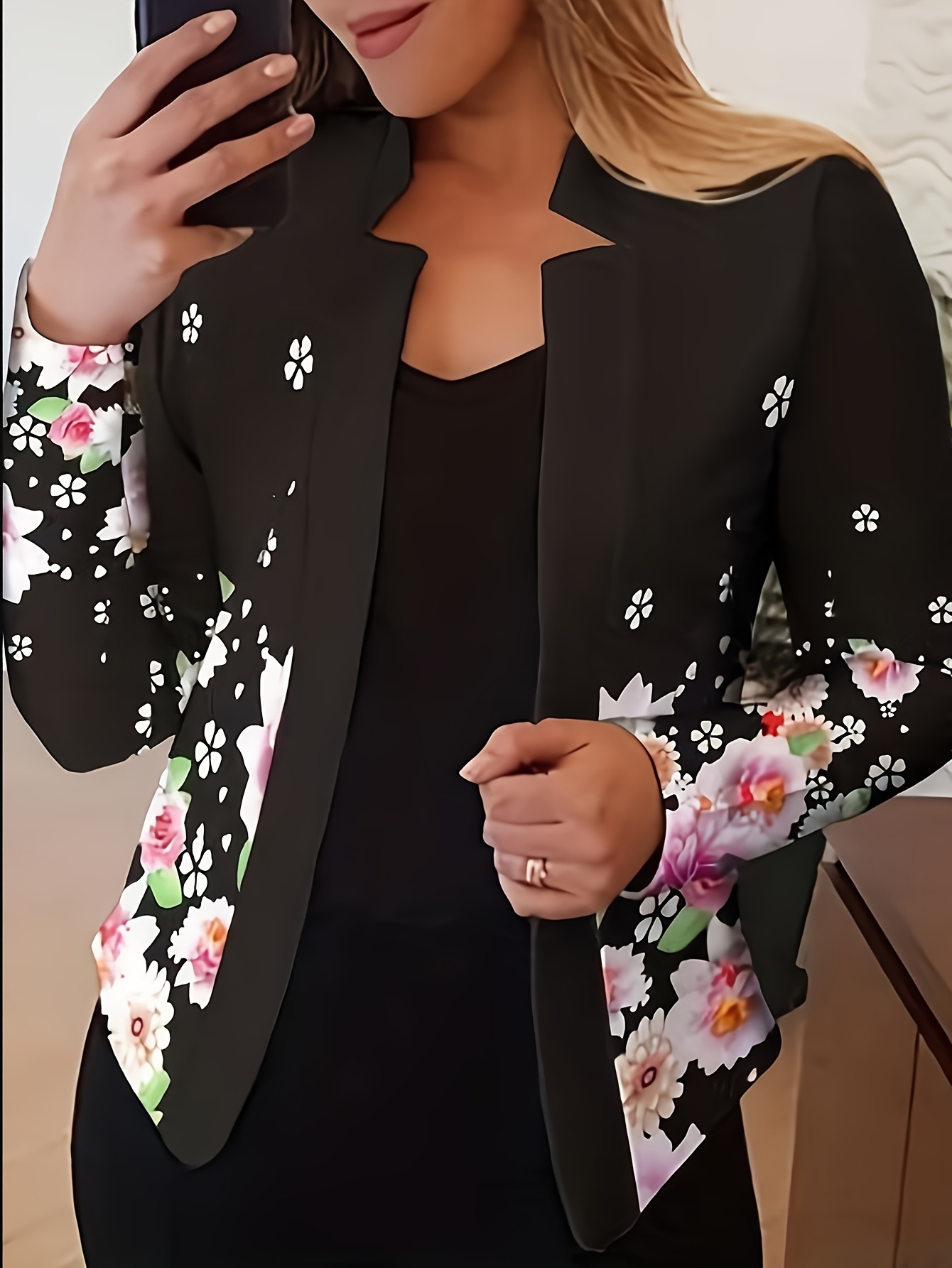 Chic Women's Casual Long Sleeve Blazer With Geometric Floral Print - Open Front, Polyester, Machine Washable | IFYHOME