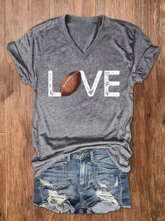 Women's Love American Football Print V-Neck T-Shirt