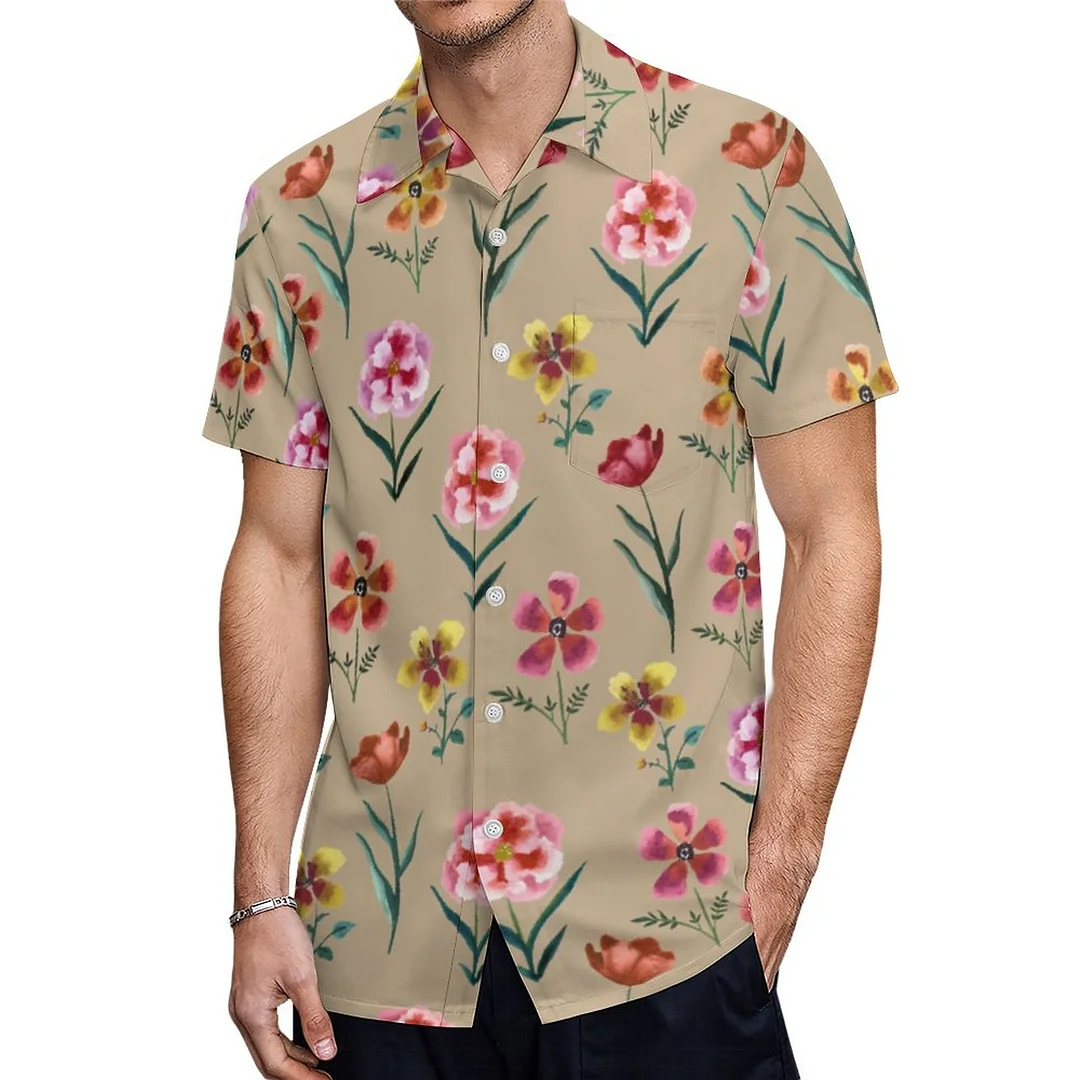 Short Sleeve Pink Watercolor Floral Hawaiian Shirt Mens Button Down Plus Size Tropical Hawaii Beach Shirts