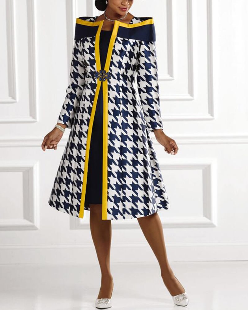 Casual Elegant Versatile Colorblock Houndstooth Print Ladies Suit Dress