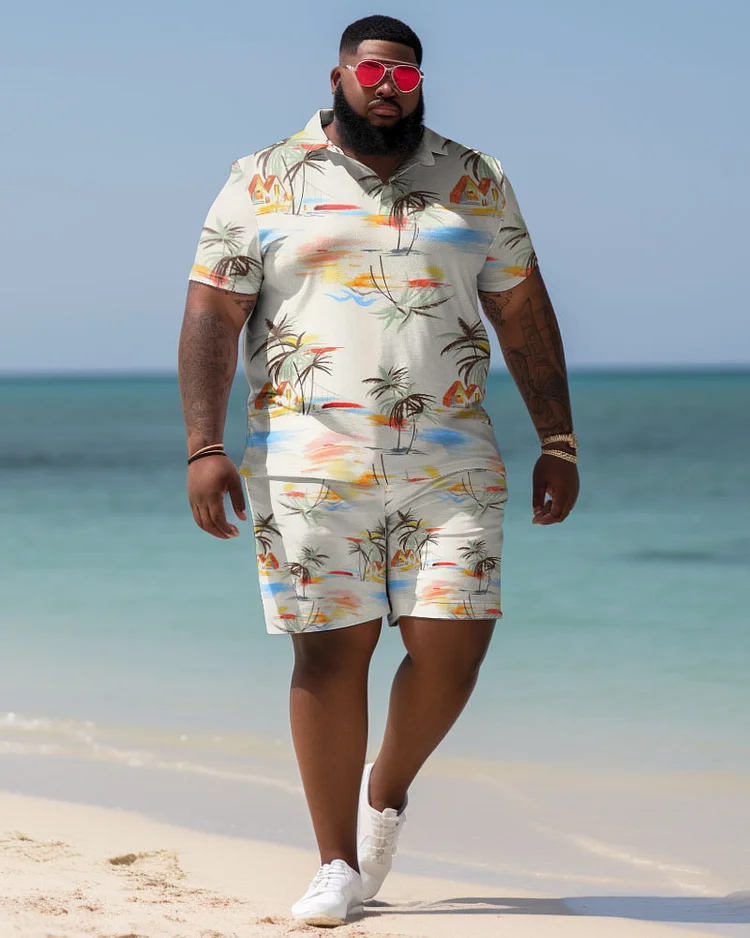 Men's Plus Size Hawaiian Color Block Coconut Shirt Shorts Two Piece Set