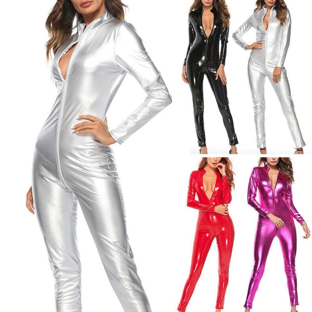 Women Solid Color Zipper Faux Patent Leather Jumpsuit Bodysuit Tight Clubwear Great for party club outfits cosplay