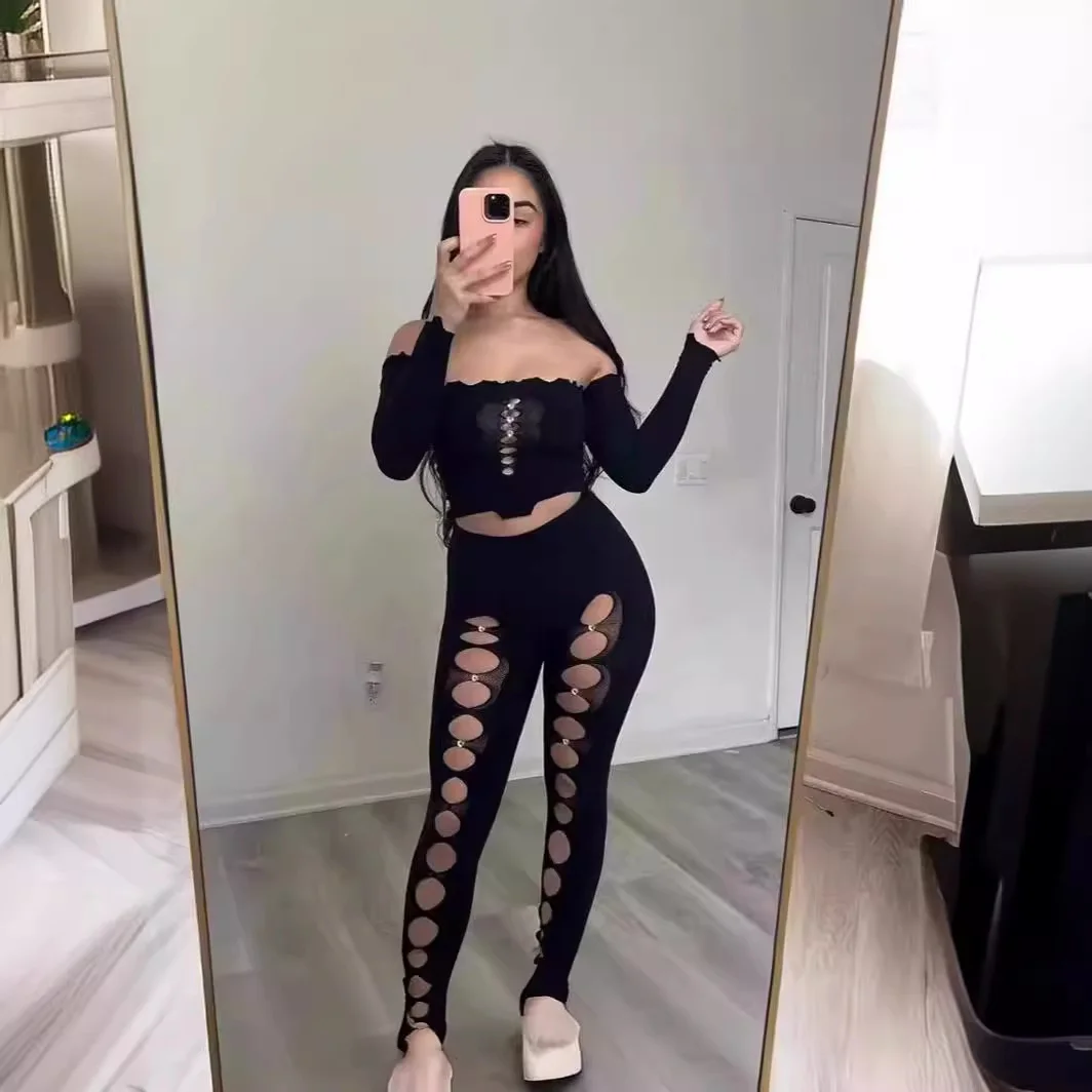 Mongw Mongw Female Solid Color Round Collar Hollow Lace Sexy Body Repair Knit 2 Pieces Set