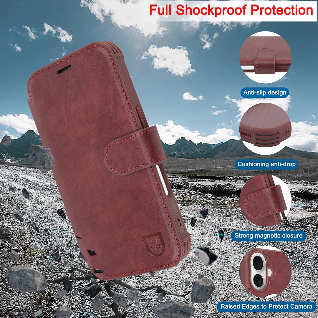 VANAVAGY Compatible for iPhone 16 Wallet Case for Magsafe Wireless Charging,Leather Flip Folio Wrist [Glass Screen Protectors & Camera Lens Protectors] with RFID Block Card Holder