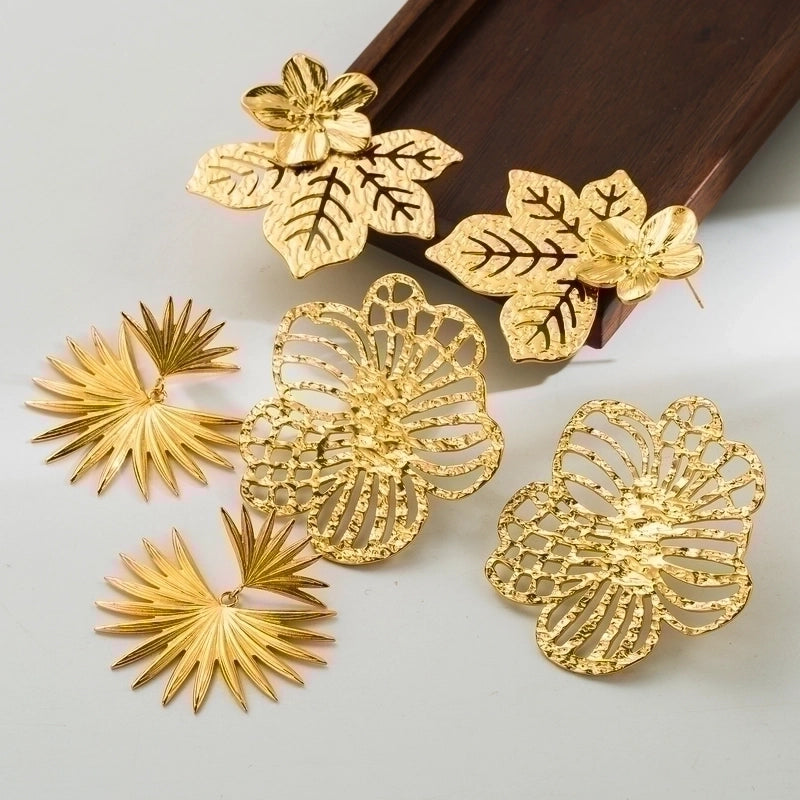 1 Pair Minimalist Leaves Solid Color Flower Plating Hollow Out Stainless Steel 18k Gold Plated Drop Earrings Ear Studs