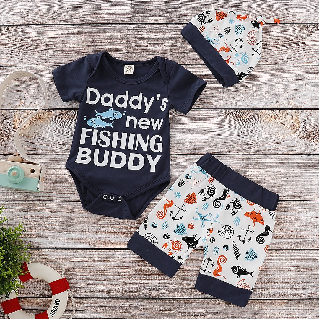 3PCS Daddy's New Fishing Buddy Fish Printed Baby Set
