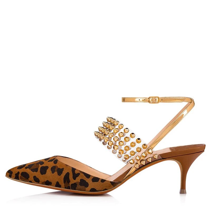TAAFO Famous Brown Leopard Gold Rivets PVC Sandals Kitten Heels Ankle Wrap Plus Size 44 45 Woman Ladies Party Shoes 