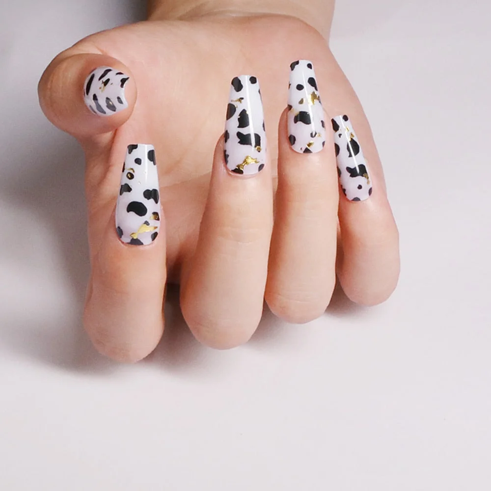 24pcs Black white mix and match cow print fake nails Long coffin false nail UV design gel popular Black spots Art Design Ballet-Nail Inspo
