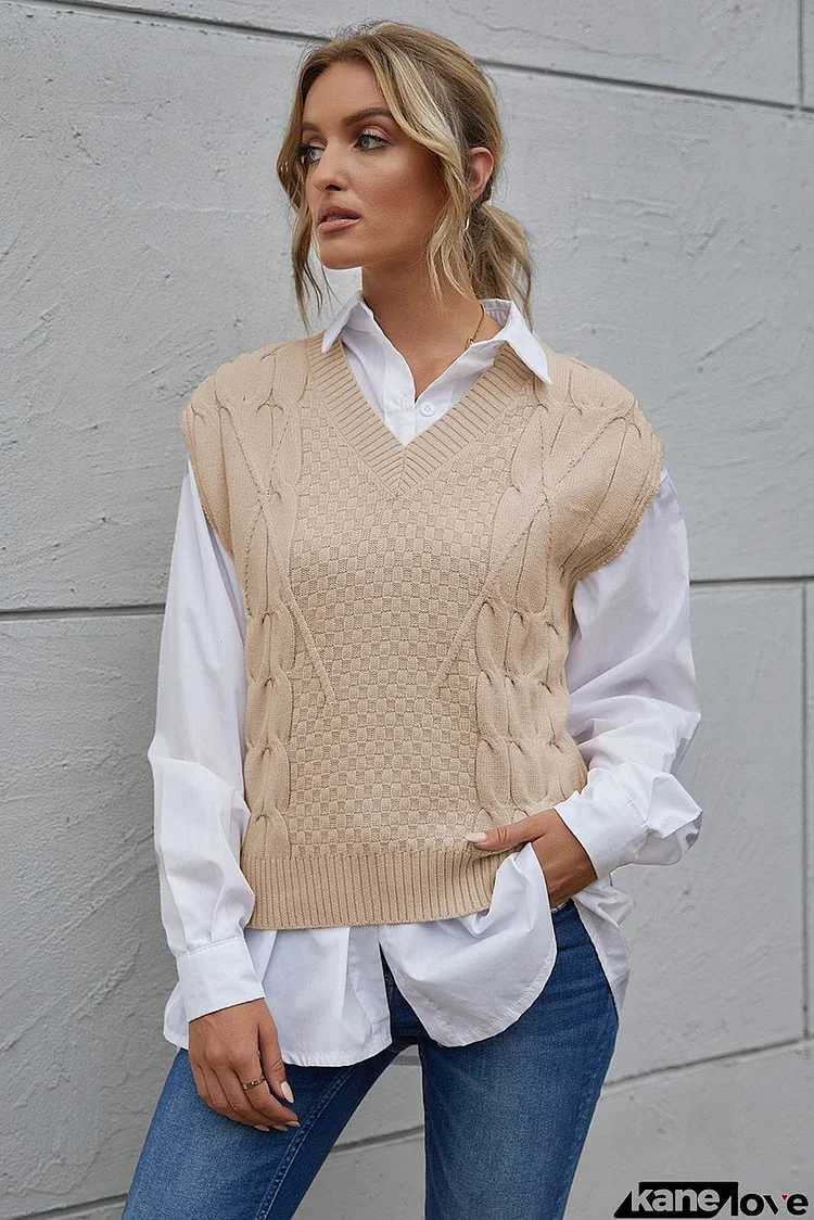 Khaki V-Neck Twist Knitted Vest Sweater