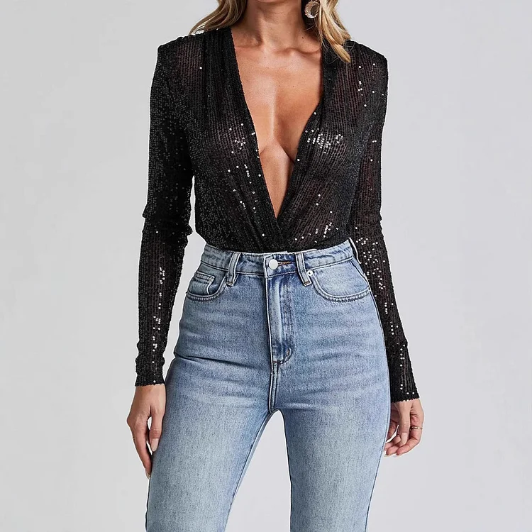 Sparkle Deep V-Neck Top  Stunahome.com