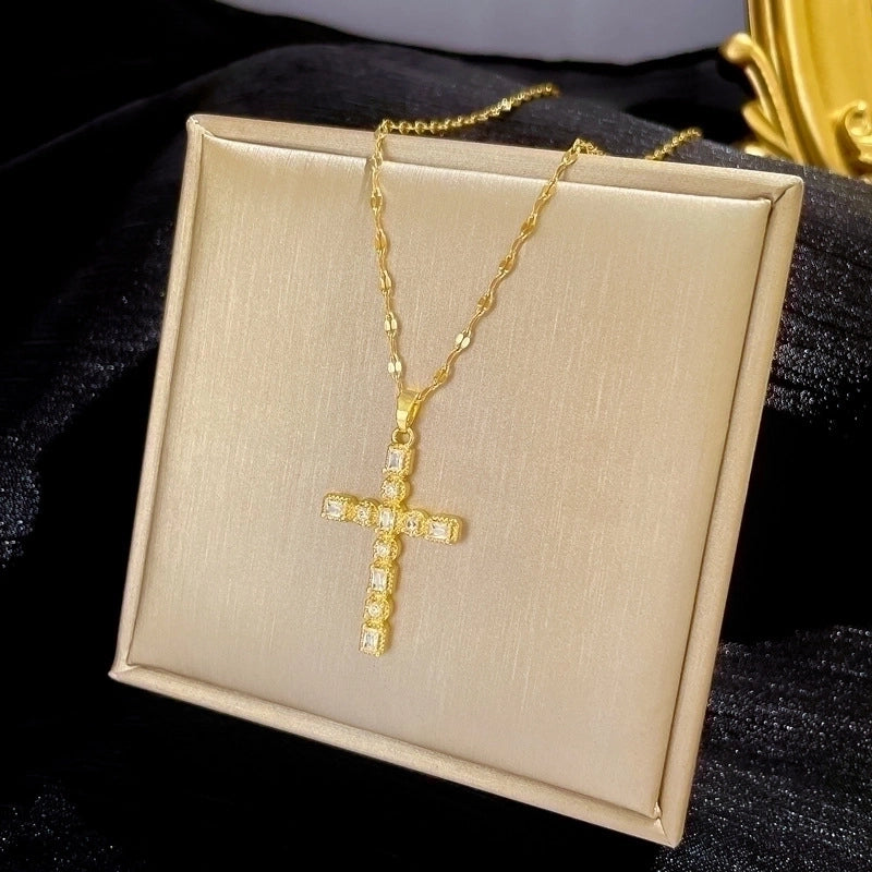 Retro Cross Titanium Steel Copper Inlay Zircon Pendant Necklace3