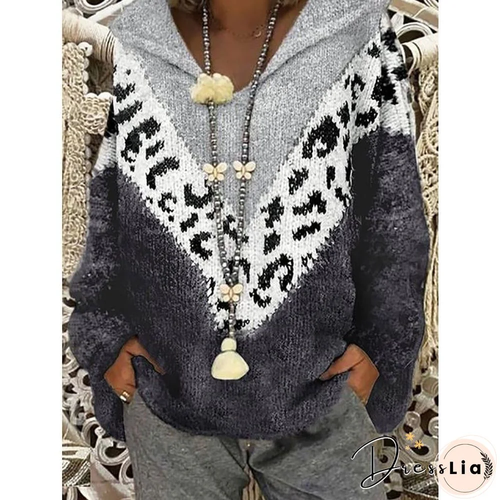 Leopard Plus Size Knitted Hooded Sweater