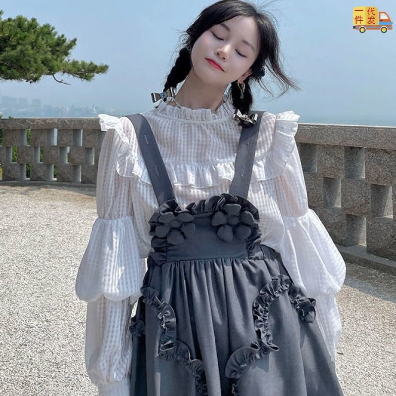 Spring Design Sense Niche Ruffle Sleeveless Gray Western Style Youthful-looking Suspender Skirt Slip Dresses