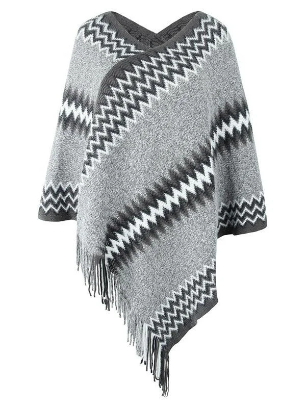 Women's V-neck Knit Shawl Fringed Hem Striped Stitching Sweater Top