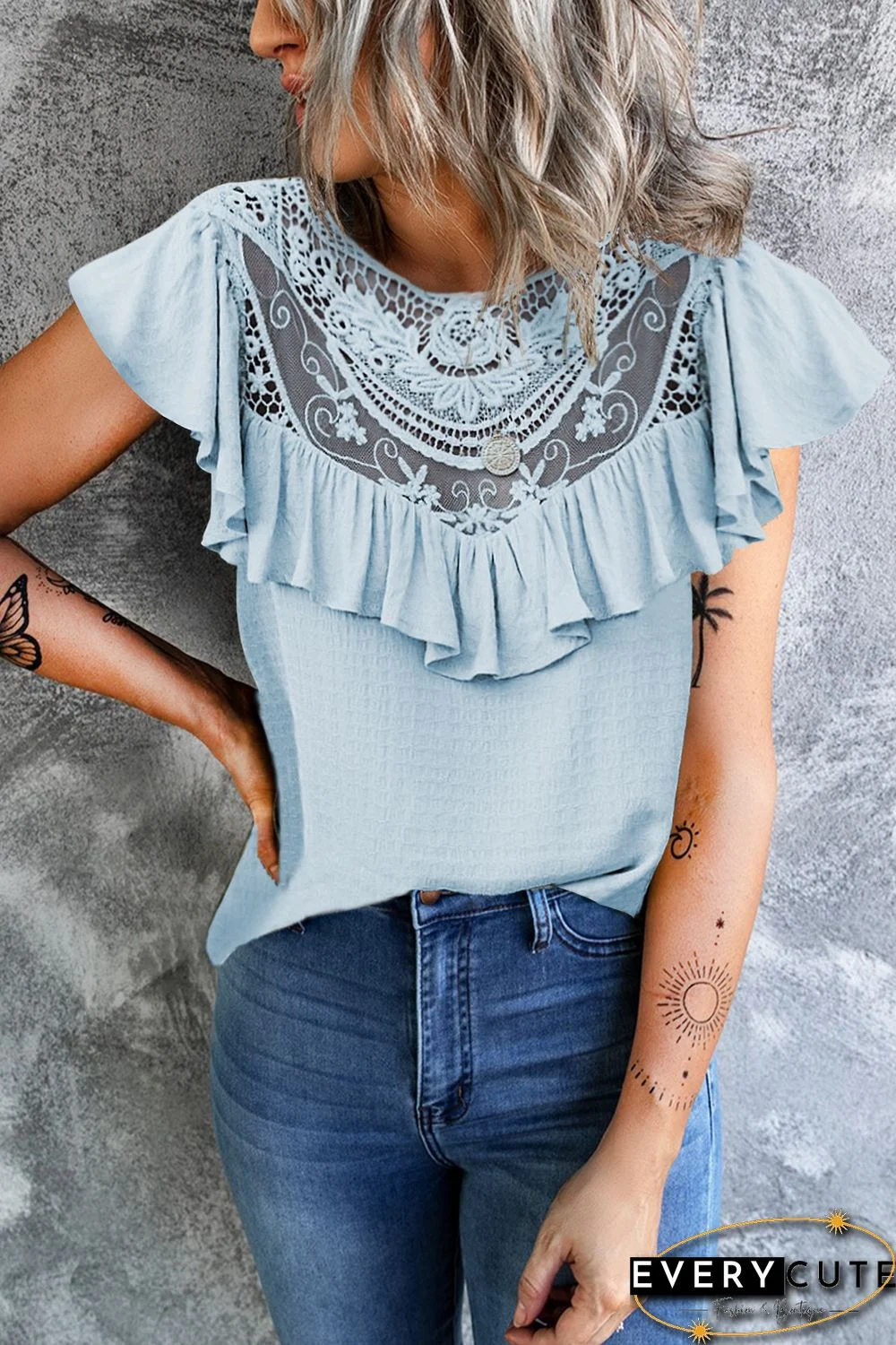 Sky Blue Lace Splicing Ruffled Short Sleeve T-shirt