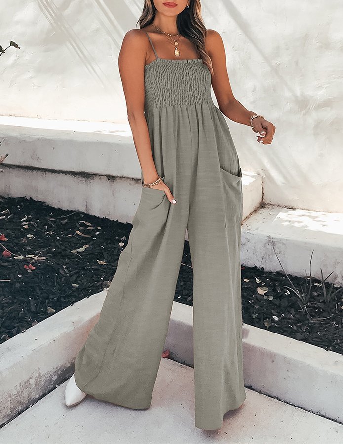 Women's Solid Hemp Suspender Casual Pants
