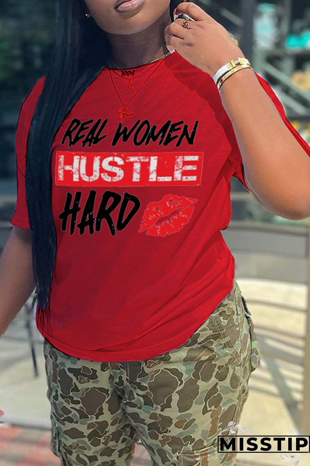 Red Street Print Letter O Neck T-Shirts