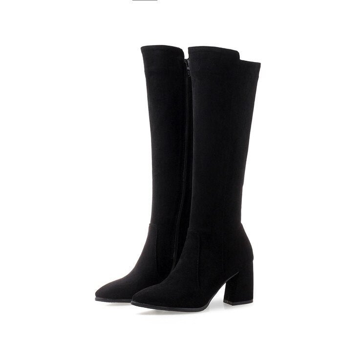 Meotina Winter Knee High Boots Women Thick High Heel Boots Pointed Toe Boots Zipper Ladies Long Shoes Black Brown Big Size 33-46