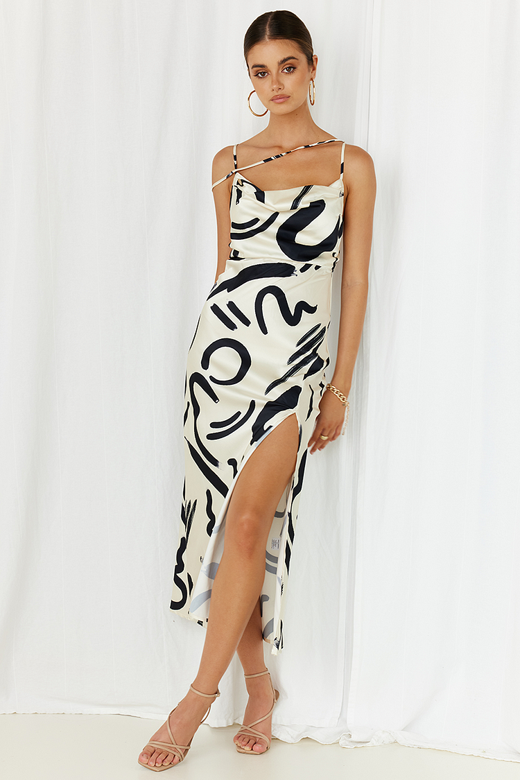 Printed Slit Slip Midi Dresses
