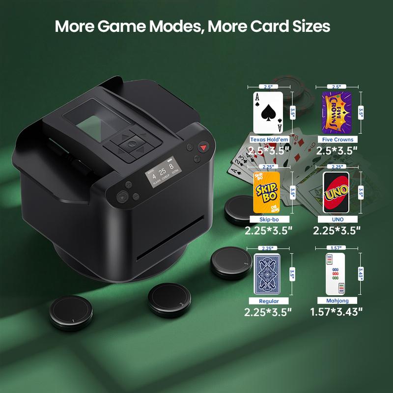 Product Introduction of DrawPies 2-in-1 Automatic Card Shuffler &Dealer 4 Drawing Remotes adjustable Dealing Distance for Poker night UNO Phase 10 Board Games & More 12