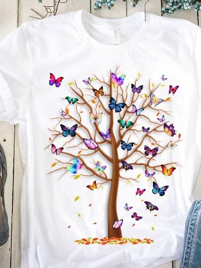 3D Colorful Butterfly and Tree Pattern Short-sleeved T-shirt