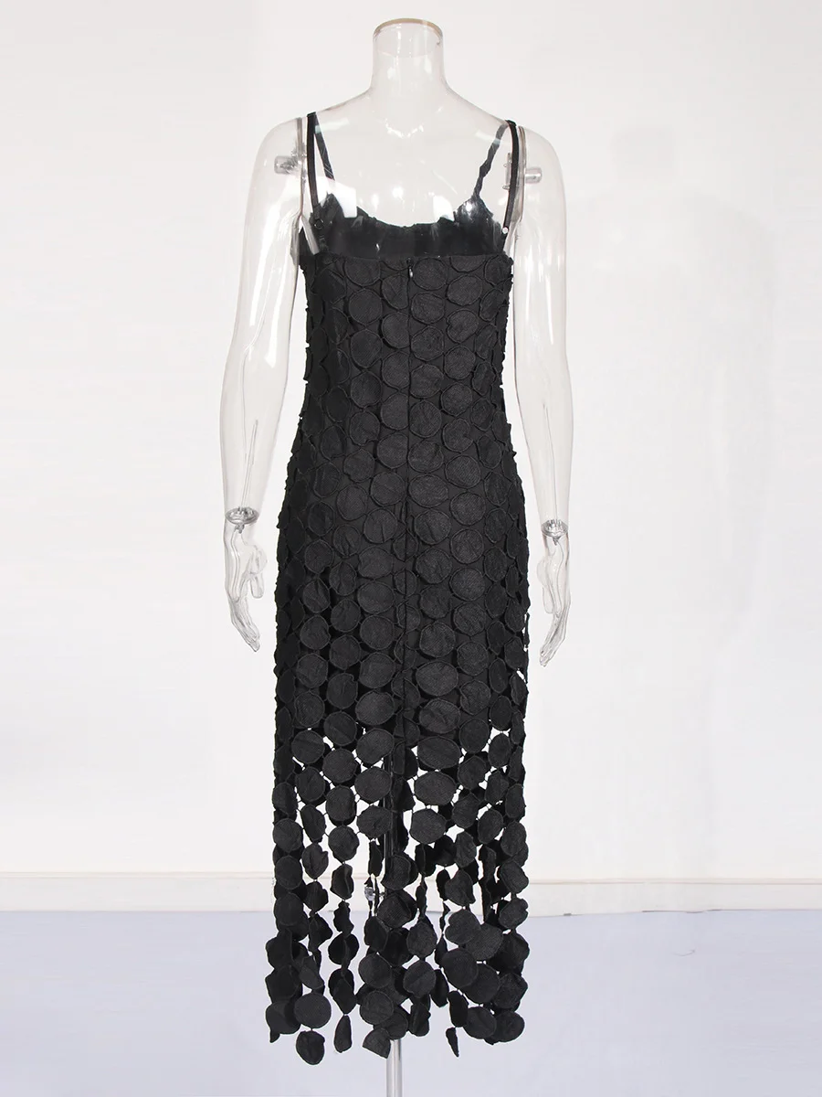 Uaang Sexy Style Slim Slings Long Skirt 2025 Summer New Embroidery Round Design Long Dress Woman