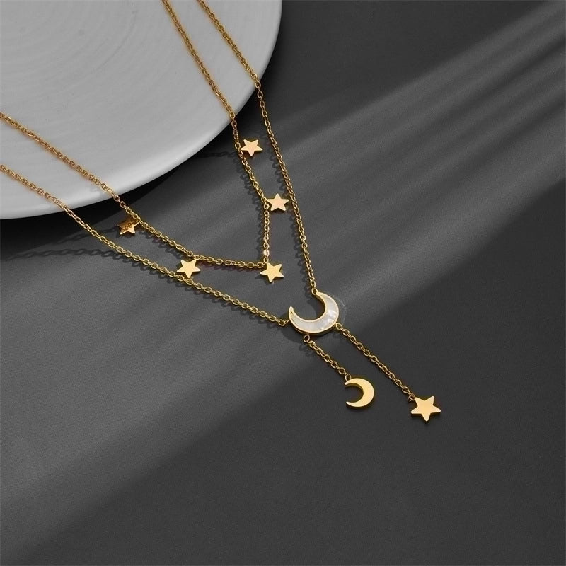 Titanium Steel 18K Gold Plated Sweet Minimalist Plating Inlay Star Moon Butterfly Acrylic Layered Necklaces