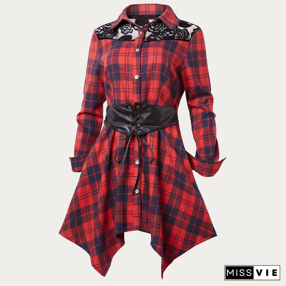Irregular Plaid Print Lace Up Long Sleeve Shirt Dress