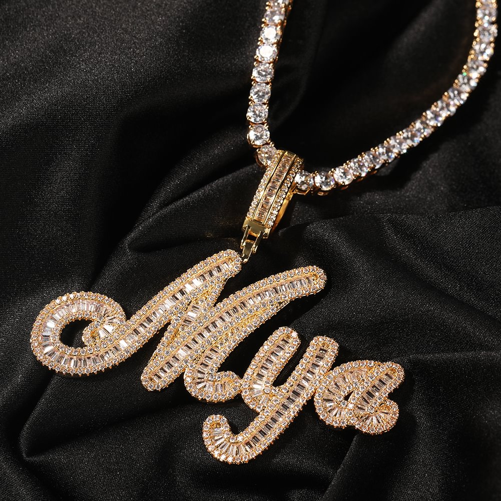 Custom Name Iced Out Bageutte Brush Cursive Letters Pendant Necklace-VESSFUL