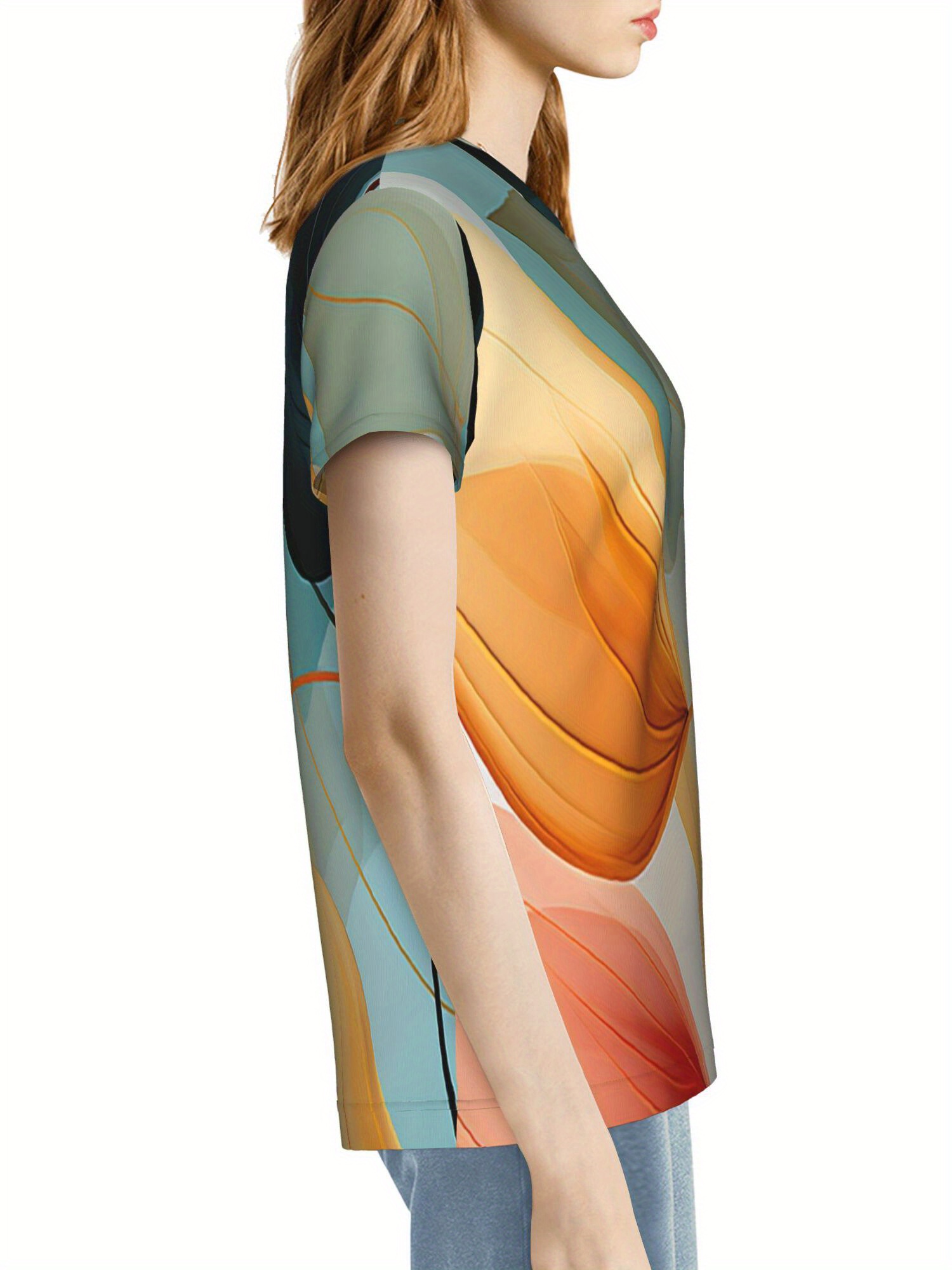 Womens Stretchy Blouse Shirt Teal Green Orange Beige Black White Abstract Print Button | IFYHOME