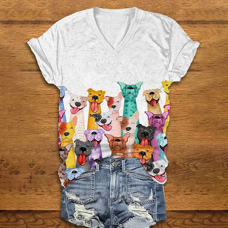 Fun Colorful Dogs Print V-Neck T-Shirt